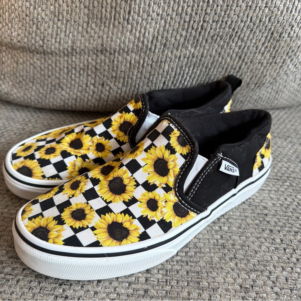 Vans Black and White Sunflower Slip-Ons